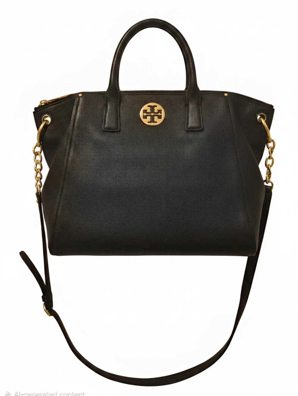 Tory Burch Black Pebbled Leather Satchel with Gold-Tone Logo